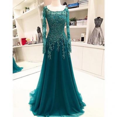 Real Photos Evening Dresses 2018 Mother of Bride Dresses with Long Sleeves Teal Blue A Line Scoop Beaded Appliques Lace Zipper Long Train