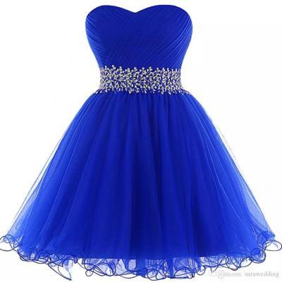Organza Ball Gown Homecoming Dresses Royal Blue Elegant Beaded Short Prom Gowns Lace Up Party Dress