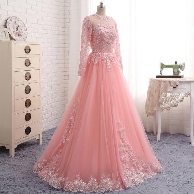 New Evening Dresses Luxury O Neck Pink Tulle Appliques A Line Evening Gowns Long Sleeve Beaded Zipper Back Prom Dresses