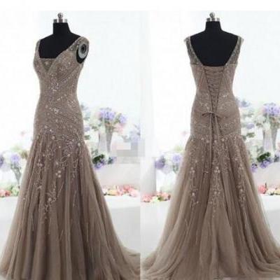 Vintage Mother of the Bride Dresses Mermaid V Neck Applique Beads Tulle Corset Custom Made Mother Formal Evening Gowns