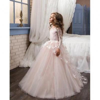  Blush Lace Long Sleeves Ball Gown Flower Girls Dresses Full Butterfly Kids Pageant Gowns Little Girl Birthday Party Dresses