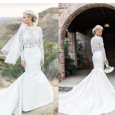 2 Pieces Mermaid Wedding Dresses Long Sleeve See Through Lace Top Satin Skirt Bridal Gowns Sweep Train Custom Size