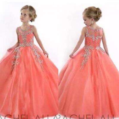 New 2018 Little Girls Pageant Dresses for Teens Princess Tulle Jewel Crystal Beading Coral Kids Flower Girls Dress Birthday gowns