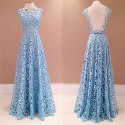 2015 Real Iamge Picture Evening Dresses A-line Sheer Bodice Lace Backless Bow Long Formal Prom Party Gowns