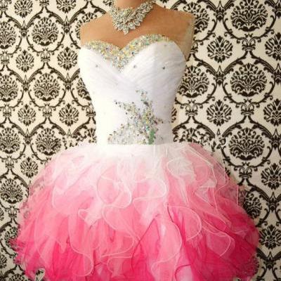 2016 Real Image Sexy Prom Dresses A-Line Pink&White Sweetheart Beads Rhinestones Crystals Lace Up Mini Short Organza Formal Evening Party Gowns Vestidos