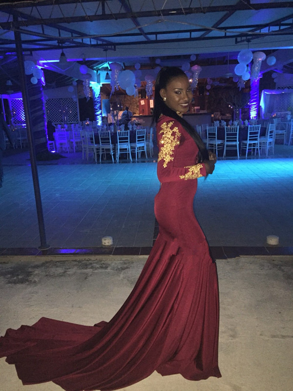 African Sexy Burgundy Long Sleeve Mermaid Prom Dress 2018 Gold Appliques Chapel Train Skirts 2177