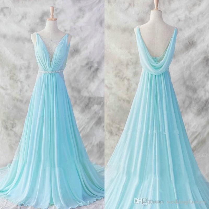 Stunning A Line Prom Dressess Sheer Bateau Neckline Sleeveless Light Blue Ruched Chiffon Draped Backless Evening Gowns Beads Crystals Custom