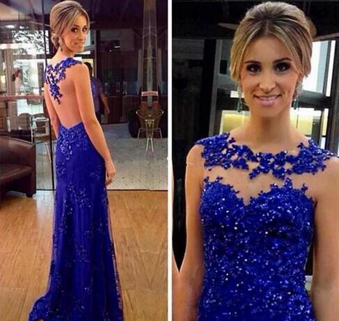 Vintage Royal Blue Prom Dresses Cheap Sequins Lace Appliqued Hollow Back Cap Sleeves Jewel Neck 2018 Formal Wear Prom Gowns