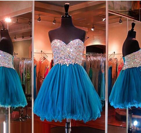 Free Shipping Teal Blue Sweetheart Strapless Mini Length Crystal Lace Up Back Homecoming Dress With Beaded Bodice