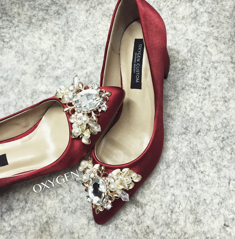 Crystal Embellished Burgundy Satin Pointed-Toe Block Heels, Bridal Heels
