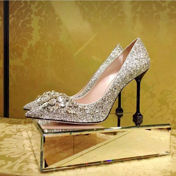 Pointed Toe Stiletto Pumps Featuring Diamond And Glittery ...