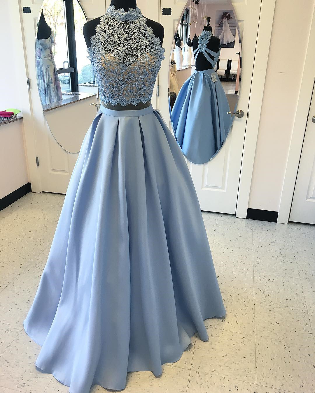 Two Piece Sky Blue Prom Dress, 2018 Two Piece Sky Blue Long Prom Dress