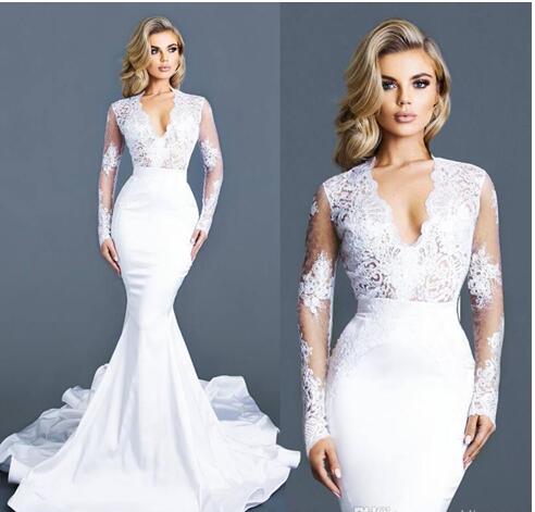 Long Sleeve Deep V Neck Embroidery Detailed Mermaid Wedding Dress