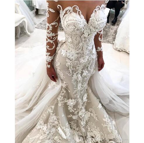 Amazing Mermaid Lace Wedding Dresses With Detachable Train Sheer