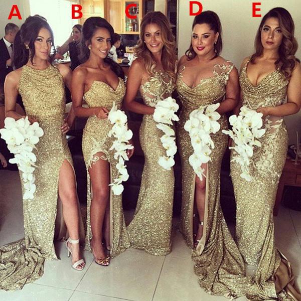 2018 Charming Most Por Mismatched Gold Side Split Sparkly Women 2018 Charming Most Por Mismatched Gold Side Split Sparkly Women Long Wedding Bridesmaid Dress