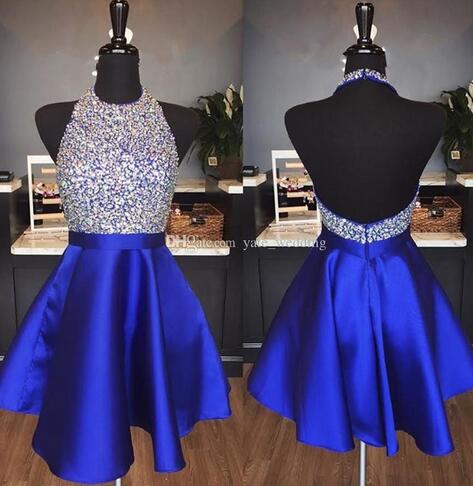 Royal Blue Satin Backless Homecoming Dresses Jewel Halter Sequins Crystal Backless Short Prom Dresses Sparkly Red Party Dresses