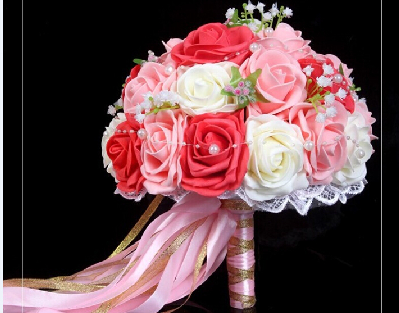 2015 Cheap Wedding Bouquet Pink/Red/White Bridal Bridesmaid Flower Artificial Flower Rose Bouquet Bride Buque de noiva