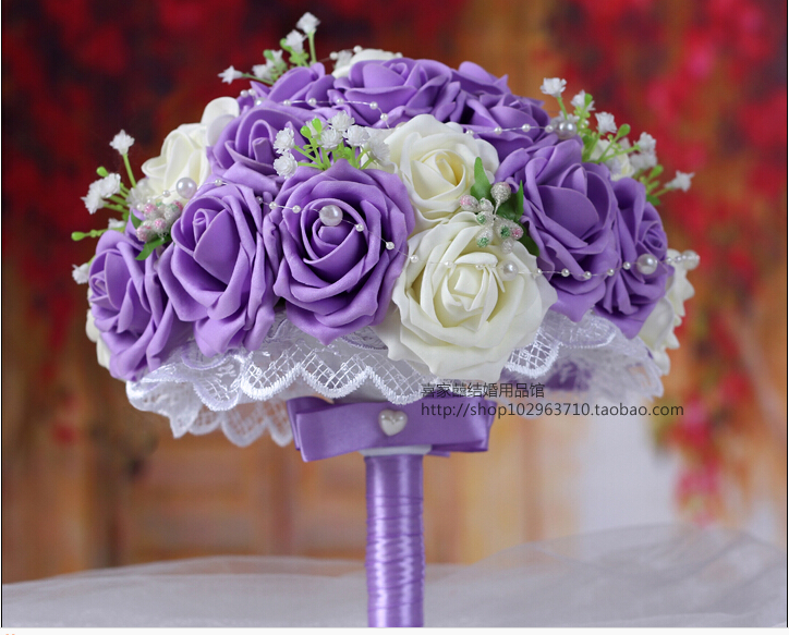 2016 Cheap New Arrival Romantic Ivory&Purple Bridal Bridesmaid Handmade Artificial Rose Wedding/Bridesmaid Bouquets Accessory 
