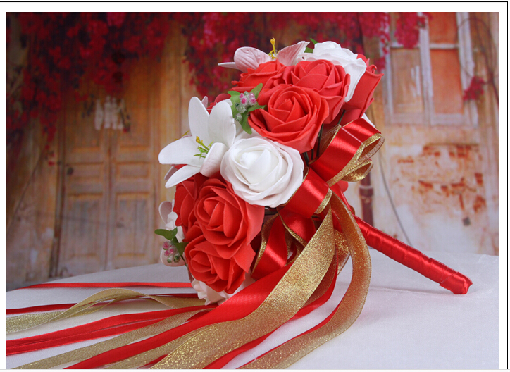 2016 Cheap Romantic White&Red Bridal Bridesmaid Flowers Handmade Artificial Rose Wedding/Bridesmaid Bouquets Bridal Accessory
