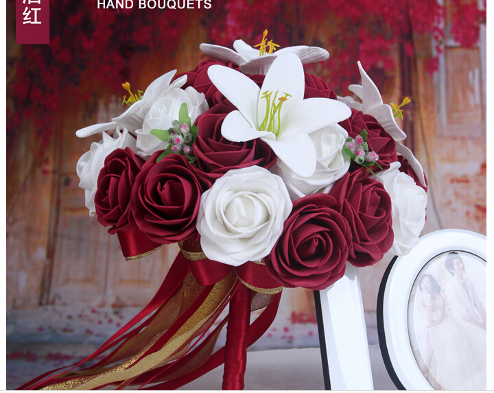 2016 Cheap Romantic White&Red Wine/Burgundy Bridal Bridesmaid Flowers Handmade Artificial Rose Wedding/Bridesmaid Bouquets Bridal Accessory