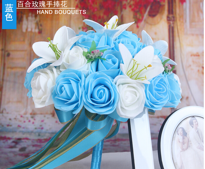2016 Cheap Romantic White&Blue Bridal Bridesmaid Flowers Handmade Artificial Rose Wedding/Bridesmaid Bouquets Bridal Accessory