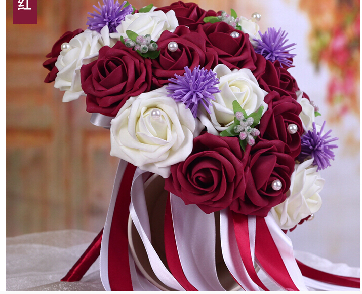 2016 Cheap Romantic White&Burgundy/Red Wine Bridal Bridesmaid Flowers Handmade Artificial Rose Wedding/Bridesmaid Bouquets Bridal Accessory