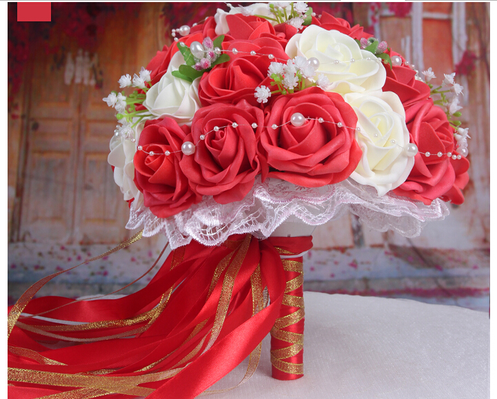 2016 30 Pieces Flowers Cheap Romantic Ivory&Red Bridal Bridesmaid Handmade Artificial Rose Wedding/Bridesmaid Bouquets Accessory