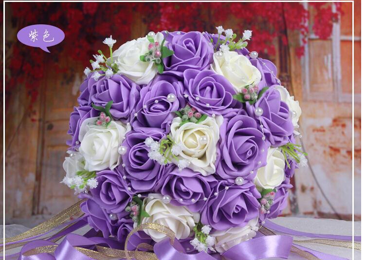2016 30 Pieces Flowers Cheap Romantic Purple Bridal Bridesmaid Handmade Artificial Rose Wedding/Bridesmaid Bouquets Accessory