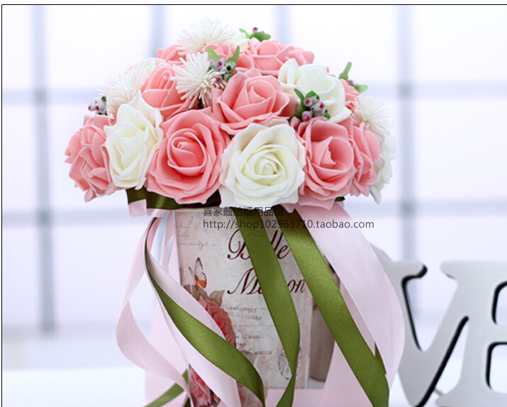 2016 30 Pieces Flowers Cheap Romantic White&Pink Bridal Bridesmaid Handmade Artificial Rose Wedding/Bridesmaid Bouquets
