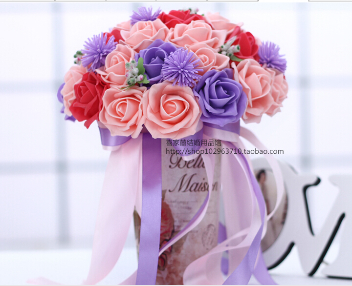 2016 30 Pieces Flowers Cheap Romantic Pink&Red&Purple Bridal Bridesmaid Handmade Artificial Rose Wedding/Bridesmaid Bouquets