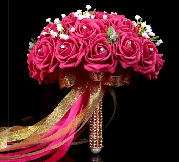 2016 New Arrival Flowers Cheap Romantic Fuchisa Red Wine Bridal Bridesmaid Handmade Artificial Rose Wedding/Bridesmaid Bouquets