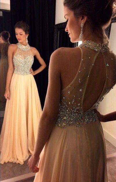 2016 Prom Dresses New Arrival Sexy Cheap A-line Sheer Neck Rhinestones Beads Crystals See-through Back Chiffon Prom Dress Long Formal Evening Dress Party Prom Gowns