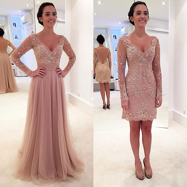 long sleeve blush evening gown