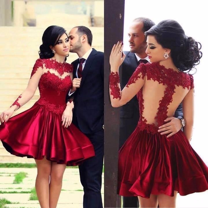 fashion sexy short prom dresses 2016 long sleeve appliques lace red satin women cocktail gown for party vestidos de fiesta