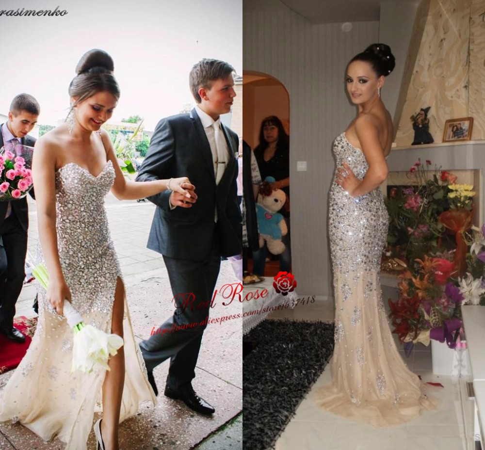  Long Mermaid Full Crystals Evening Dress Prom Dress Formal Dresses with Rhinestones Real Photo