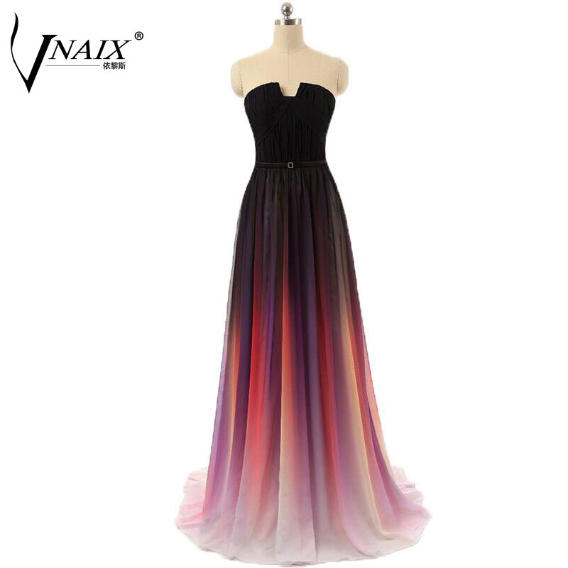 Real Photo In Stock Gradient Ombre Evening Dresses Strapless With Pleat Long Chiffon A Line 2379