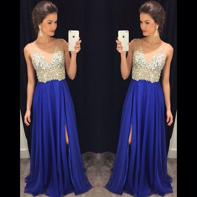 Ever Beauty Robe De Soiree Royal Blue Evening Gowns 2016 A-line Long Beaded V-neck Formal New Arrived Evening Dresses
