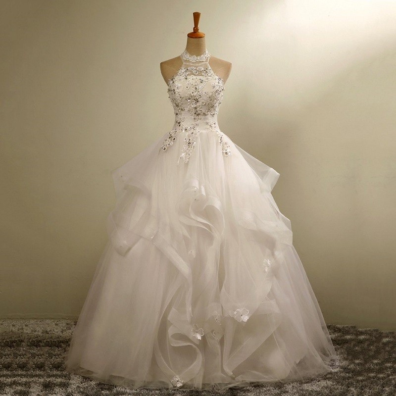 Ball Gown Wedding Dresses Lace Halter Ivory Crystal Vestido De