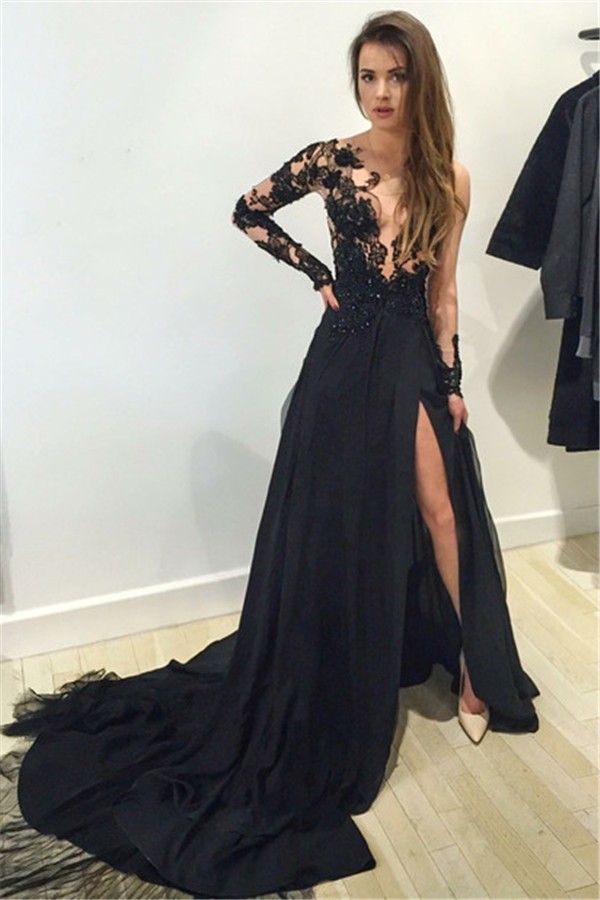 Robe De Soiree Black Long Evening Dress Scoop Neck Long Sleeve Floor Length Chiffon Slit Mermaid Prom Dresses