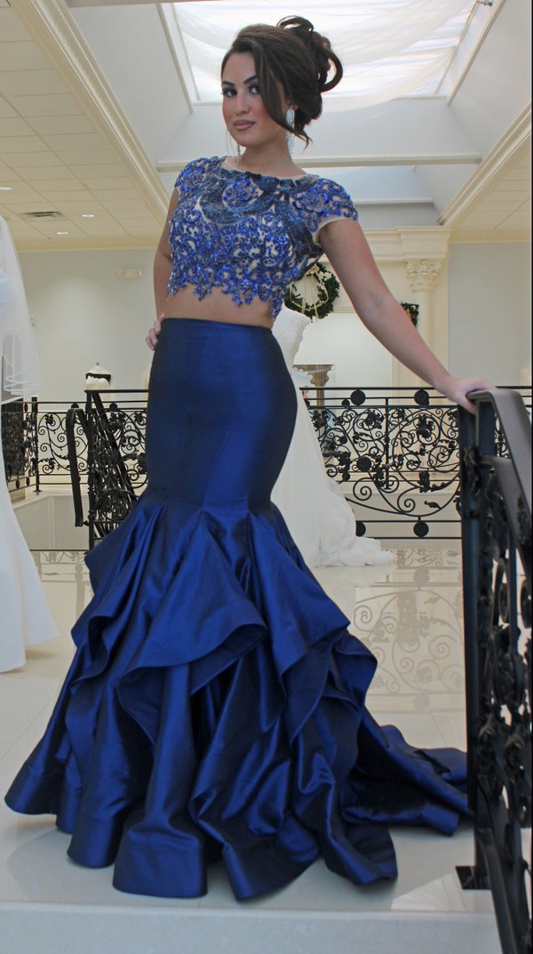 2 piece navy blue prom dress