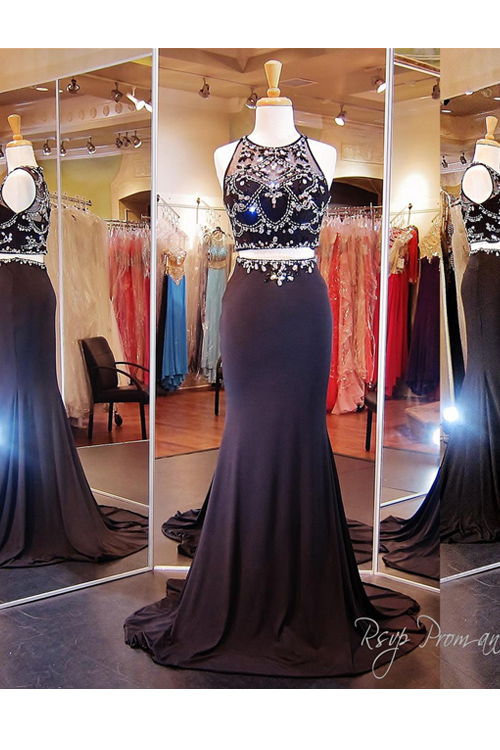 Y Two Piece Mermaid Prom Evening Dress Black Court Train Chiffon Rhinstone Y Two Piece Mermaid Prom Evening Dress Black Court Train Chiffon Rhinstone