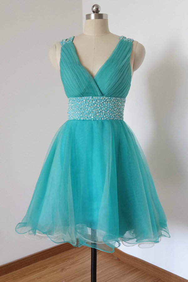 Mini Short Prom Dress Party Dress Fancy V-neck A-line Knee Length Tulle ...