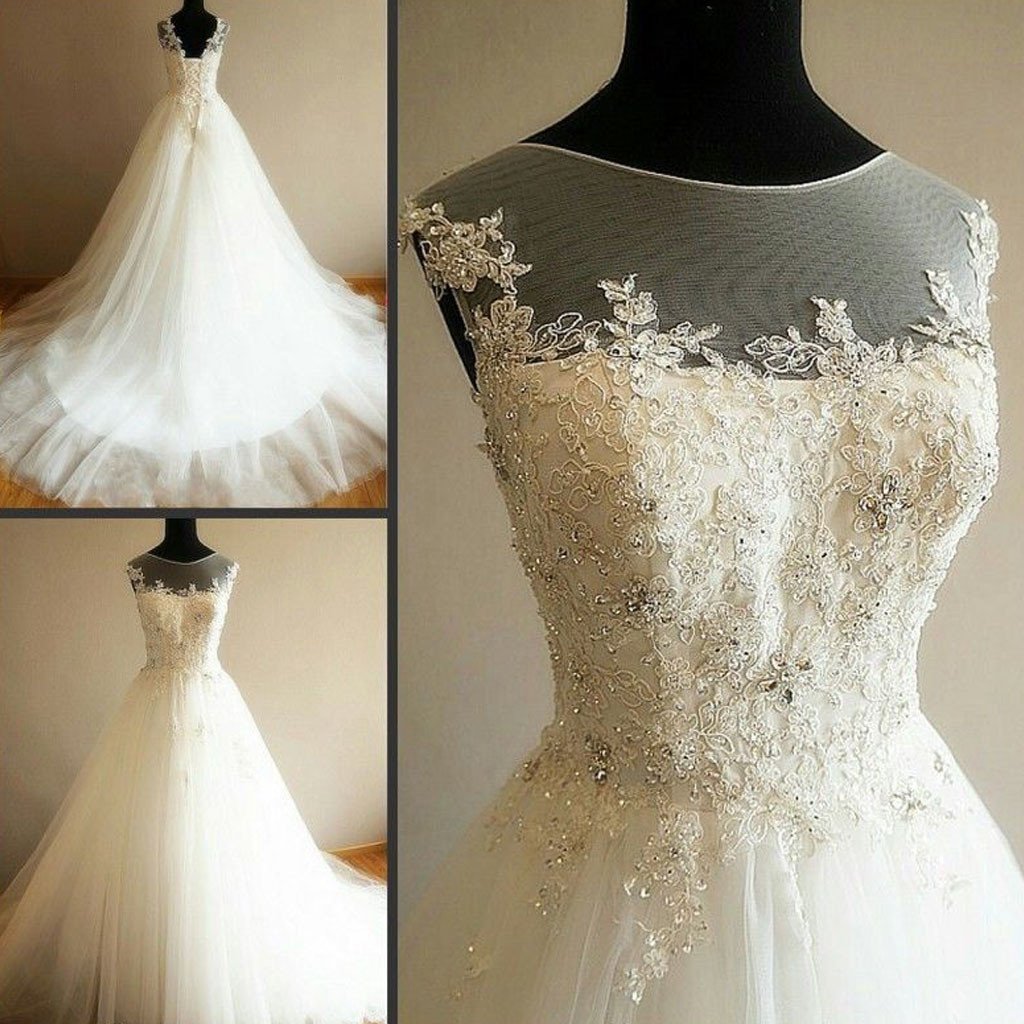 Charming Illusion Long A-line Lace Up Tulle Rhinestone Wedding Party Dresses
