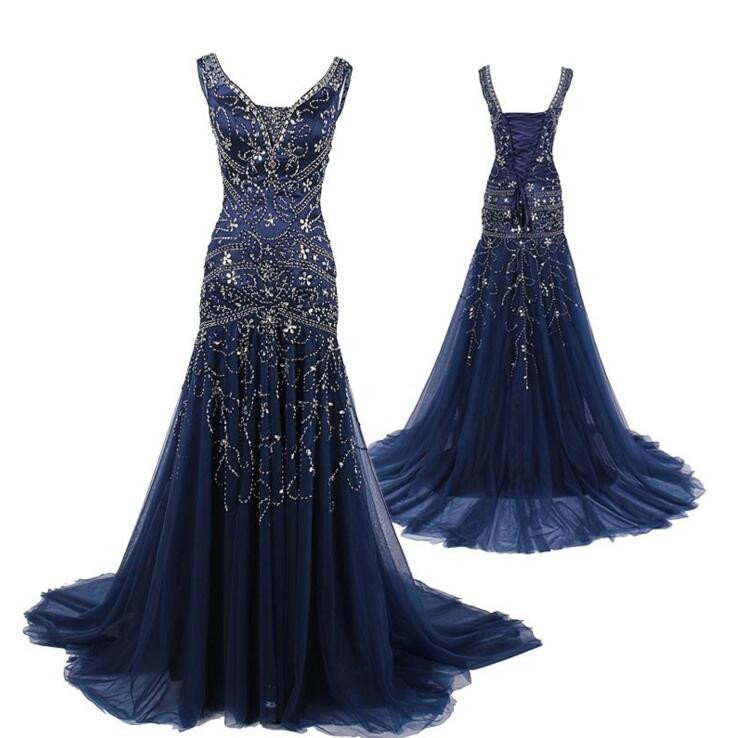 Navy Blue Prom Dress,rhinestone Prom 