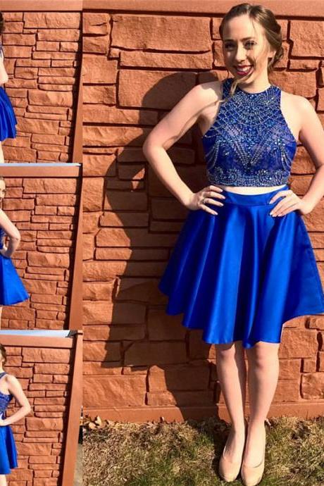 Two Pieces Homecoming Dresses, Blue Homecoming Dress Dresses,Beaded patterns Homecoming Dress, 2017 New Junior Party Dress, Knee Length Graduation Dress 