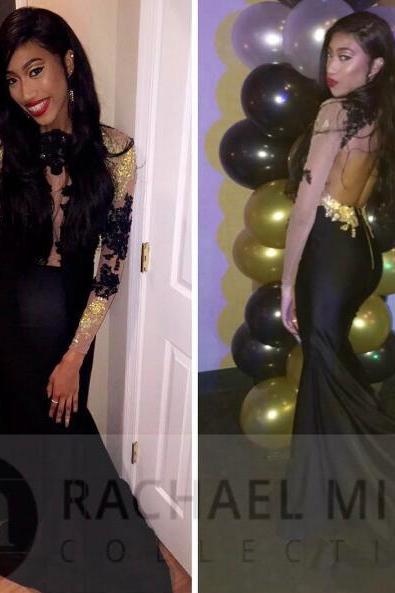 Sexy Black Girl Prom Dress Sheer Long Sleeves Prom Dresses with Golden Appliques Mermaid Evening Dress Robe De Soiree Formal Dress Party Evening Gowns