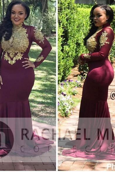 Sexy Black Girl Prom Dress Plus Size Prom Dresses Mermaid Burgundy with Golden Appliques Evening Dress Robe De Soiree Formal Dress Party Evening Gowns