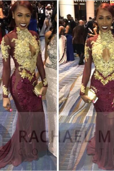 Sexy Black Girl Prom Dress Prom Dresses Mermaid Burgundy with Golden Appliques Evening Dress Robe De Soiree Formal Dress Party Evening Gowns