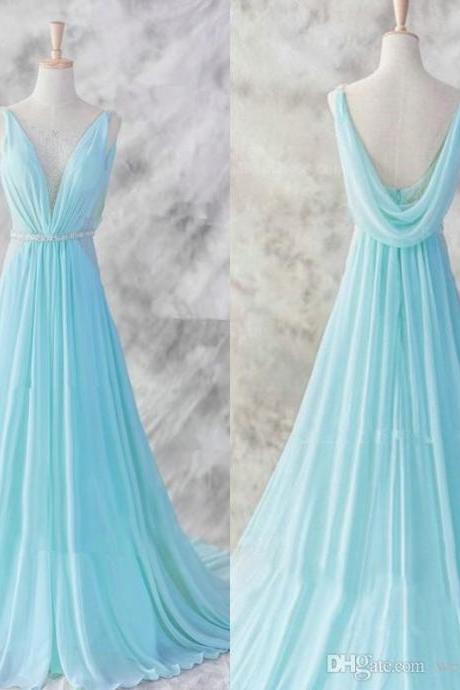 Stunning A Line Prom Dressess Sheer Bateau Neckline Sleeveless Light Blue Ruched Chiffon Draped Backless Evening Gowns Beads Crystals Custom