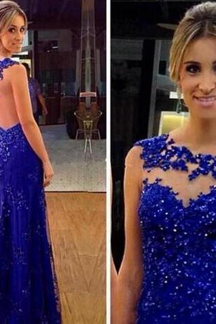 Vintage Royal Blue Prom Dresses Cheap Sequins Lace Appliqued Hollow Back Cap Sleeves Jewel Neck 2018 Formal Wear Prom Gowns